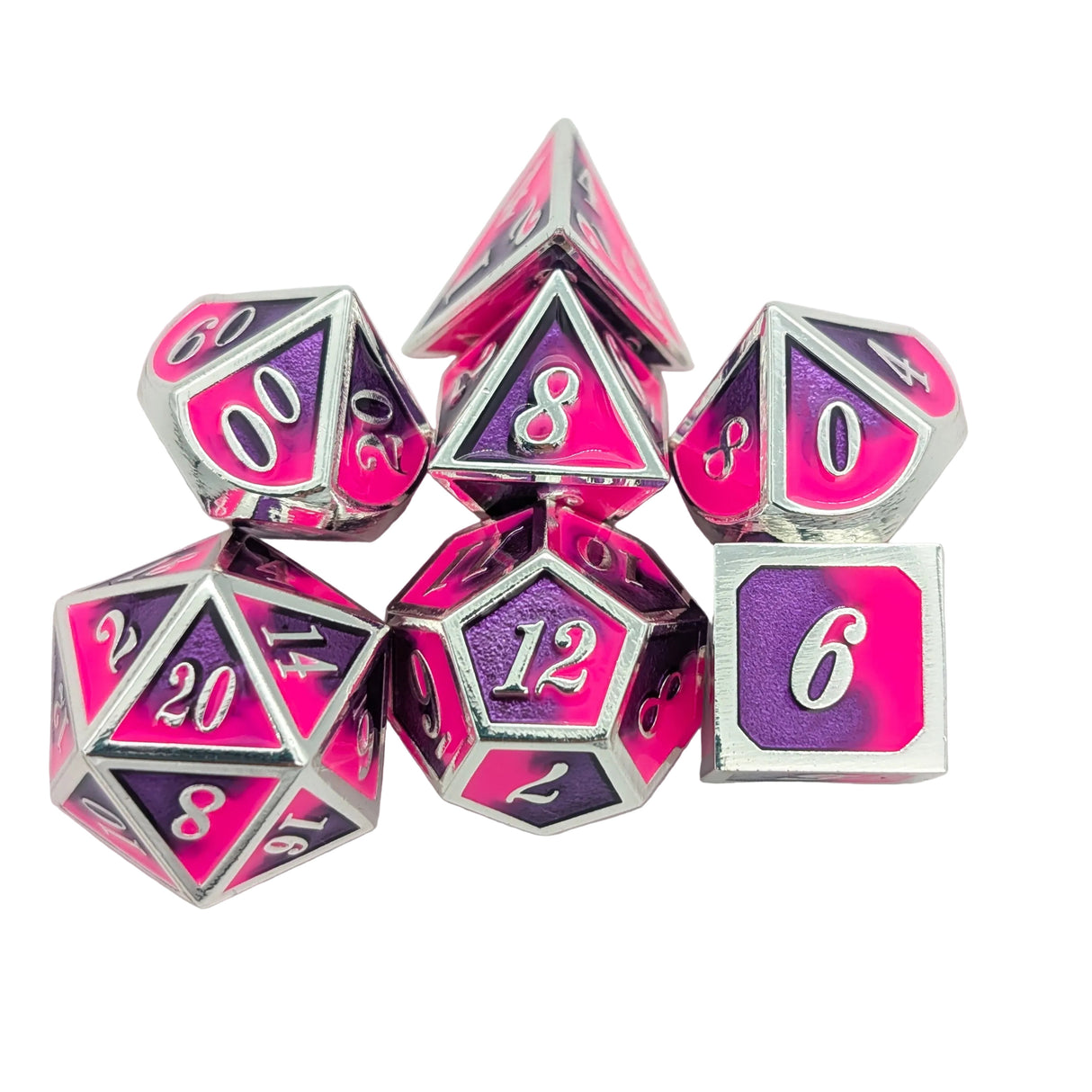 Dual Tone Pink, Purple and Silver Metal Dice Set