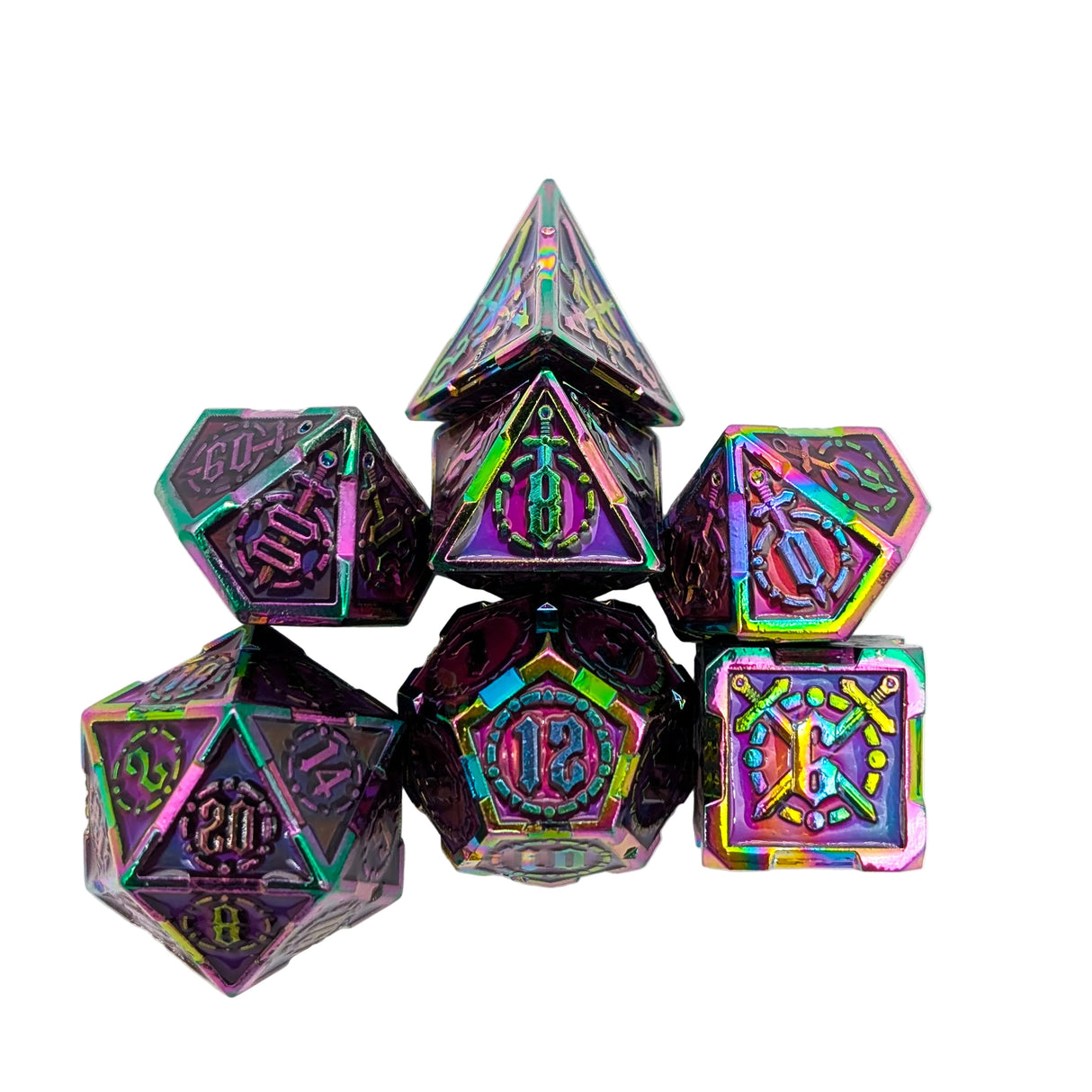 Swords Red and Rainbow Metal Dice Set