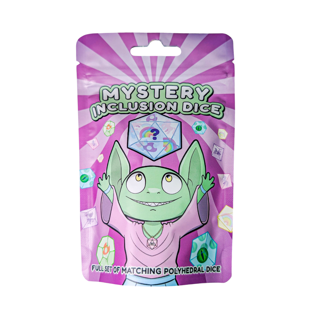 Colourful dice set packaging with a cartoon goblin, wholesale bulk mystery inclusion dice.