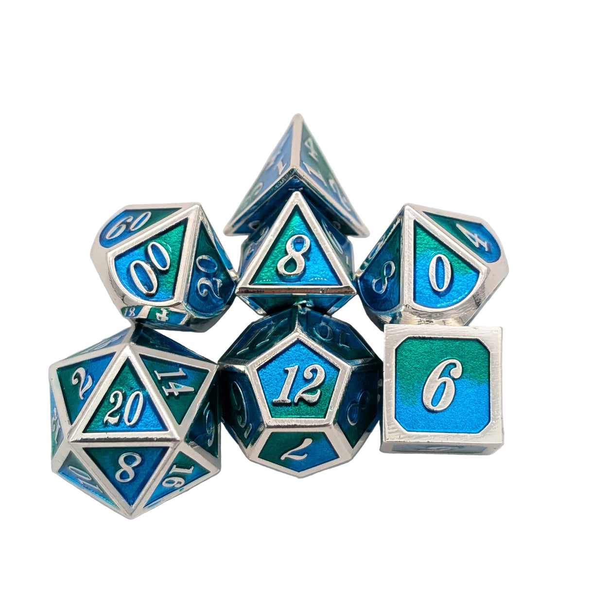 Dual Tone Green, Blue and Silver Metal Dice Set