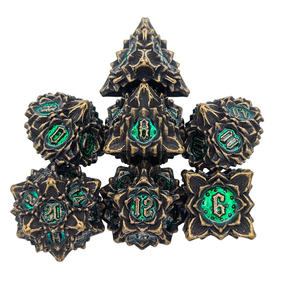 Flower Brass and Green Metal Dice Set