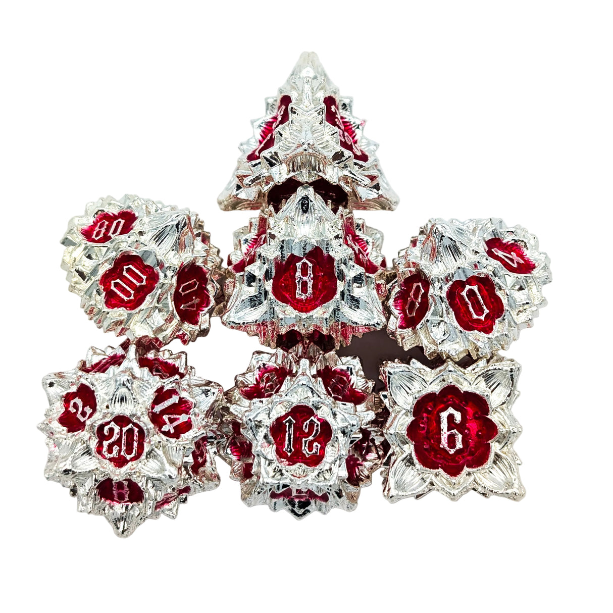 Flower Silver and Red Metal Dice Set