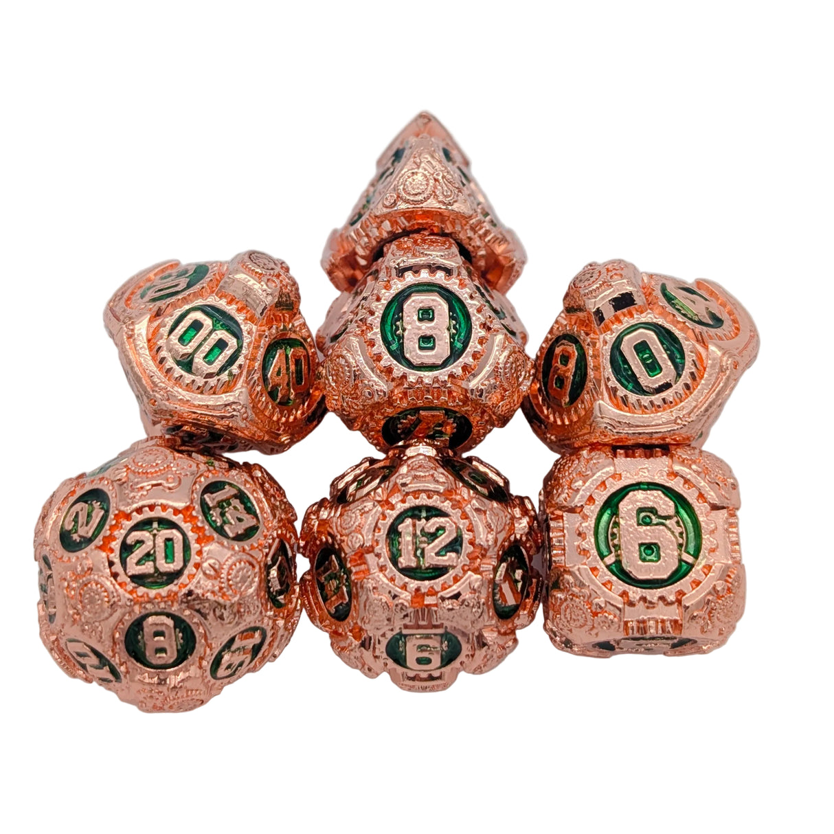 Gears Copper and Green Metal Dice Set