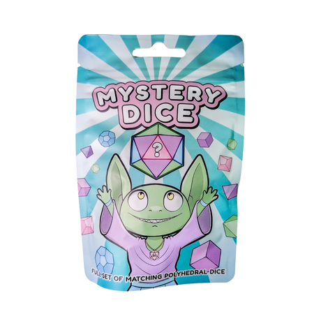 Bulk wholesale Mystery Dice packaging with a cartoon goblin