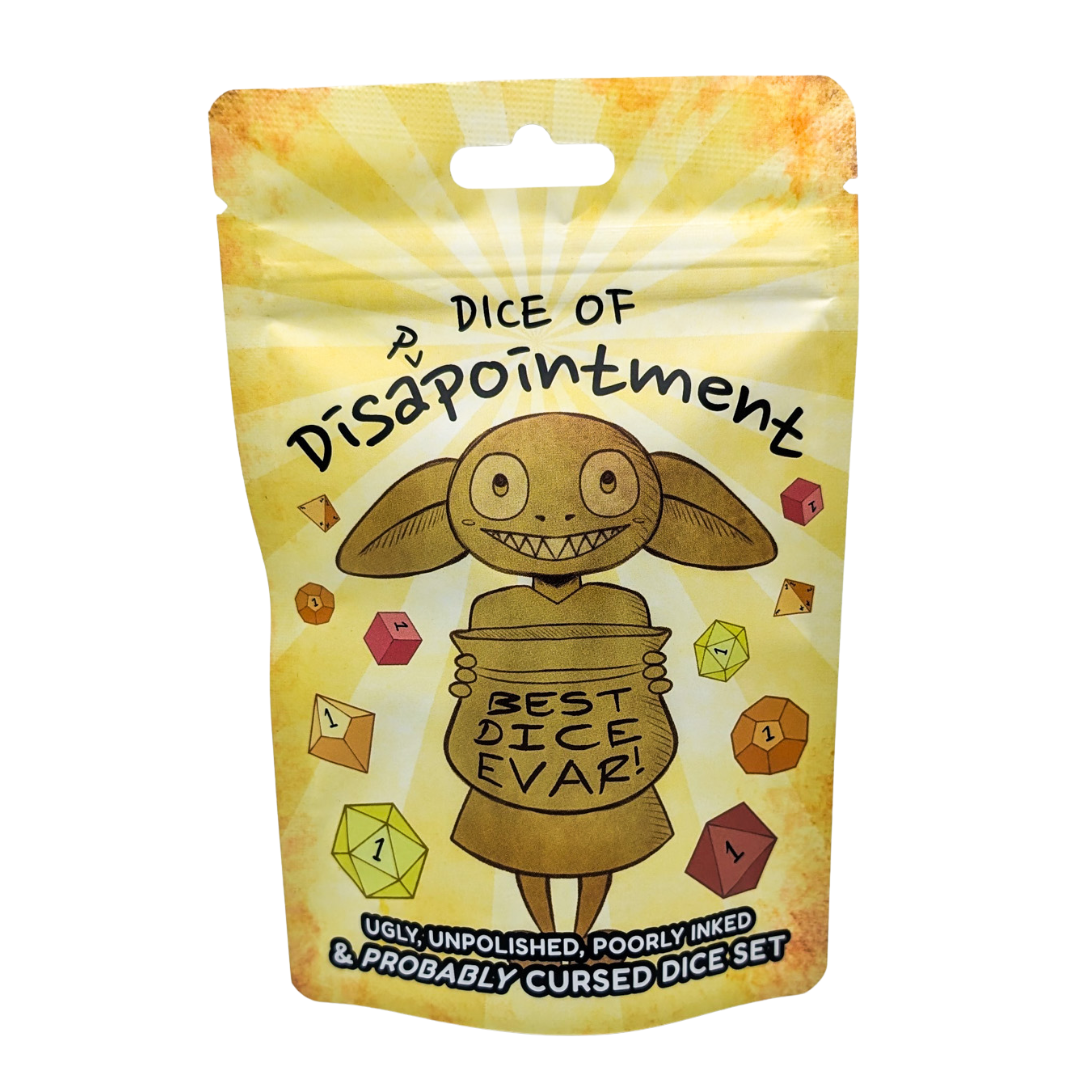 Packaging for 'Dice of Disappointment' with cartoon goblin and text on a yellow background