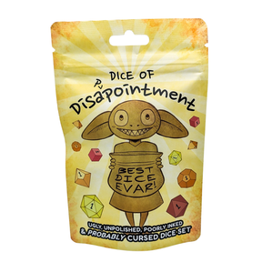 Packaging for 'Dice of Disappointment' with cartoon goblin and text on a yellow background