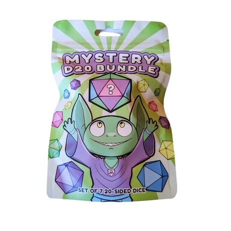 Packaging for wholesale Mystery D20 Bundle with a cartoon goblin and dice graphics on a green background.