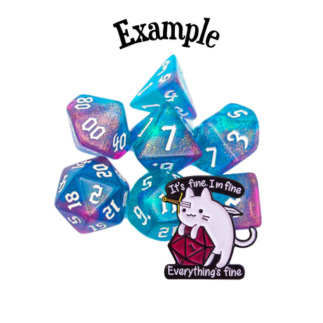 Set of wholesale colourful polyhedral dice with a cat pin on a white background.