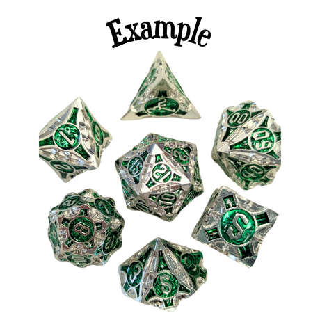 Set of premium metal polyhedral dice with green and silver design on a white background