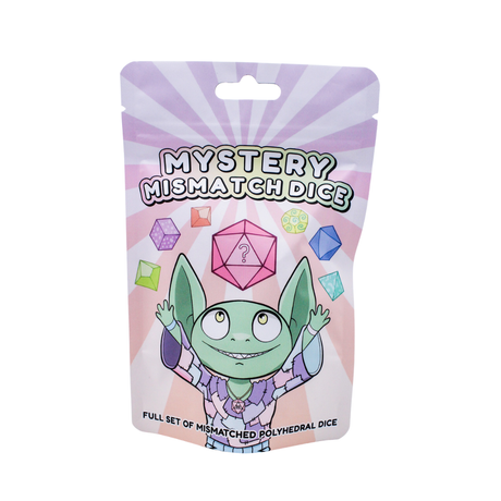 Packaging for Mystery Mismatch Dice with a cartoon goblin and colourful dice on a pink background.