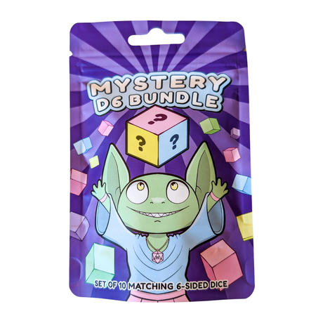 Packaged wholesale set of 10 matching 6-sided dice with a goblin holding dice on a purple background.