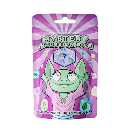 Colourful dice set packaging with a cartoon goblin, wholesale bulk mystery inclusion dice.