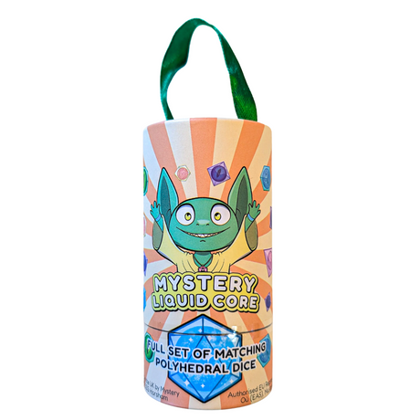 Premium dice set packaging with a cartoon goblin, wholesale bulk mystery liquid core dice.