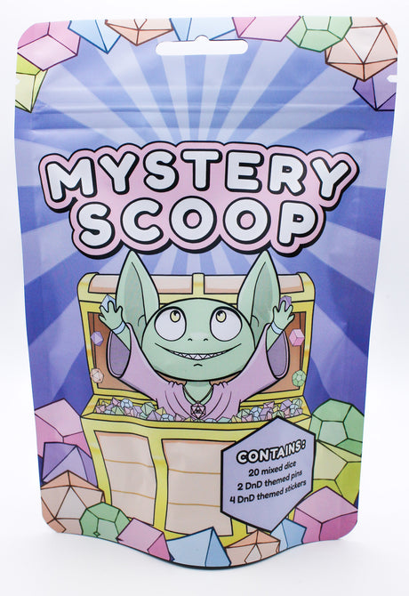 Packaging for Mystery Scoop Bag featuring a cartoon-style goblin character with a treasure chest, surrounded by colourful dnd dice, and text detailing the contents of the package.