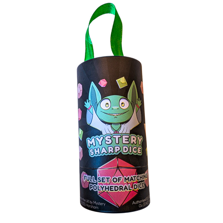 Premium dice set packaging with cartoon goblin and colourful dice graphics on a black background